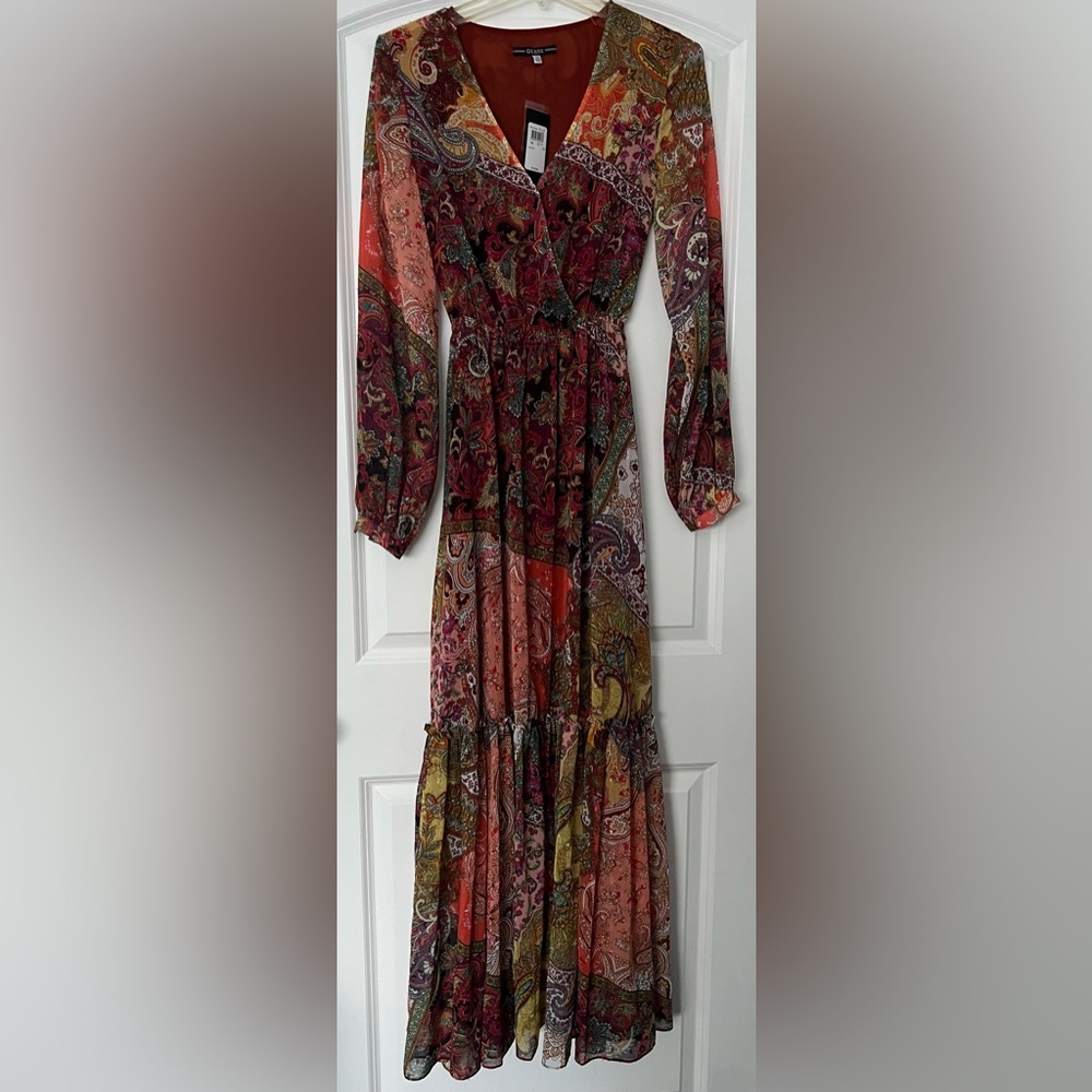 Guess maxi wrap dress XS. NWT. Belted, flounce hem. Long sleeves. Paisley print.